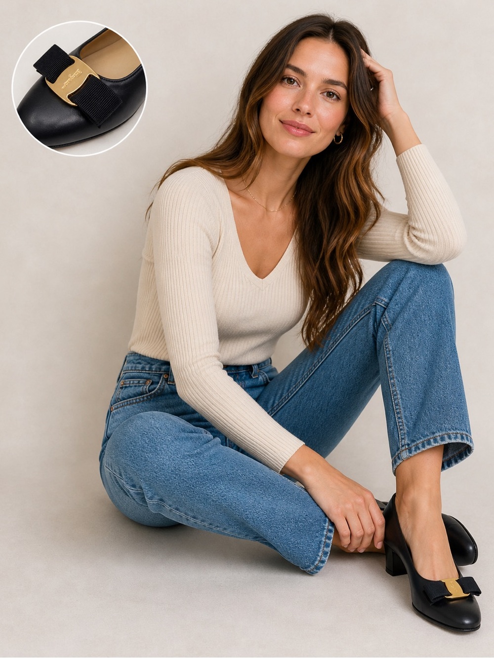 Salvatore Ferragamo navy blue Leather Vara Bow Pumps with Gold Buckle